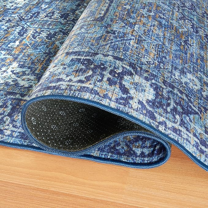 ReaLife Rugs Machine Washable Area Rug Runner - Living Room Bedroom Bathroom Kitchen Entryway Office - Padded Low Pile Stain Resistant Premium - Boho Vintage Traditional - Lyle - Blue 2'6" x 8'
