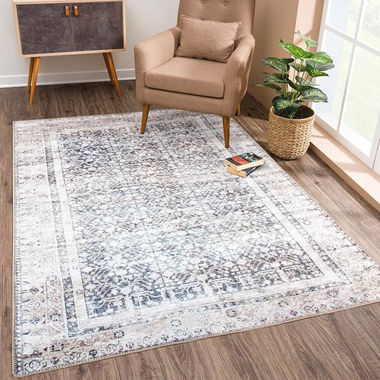 Bloom Rugs Washable Non-Slip 4' x 6' Rug - Tan/Blue/Green Traditional Area Rug for Living Room, Bedroom, Dining Room, and Kitchen - Exact Size: 4' x 6'