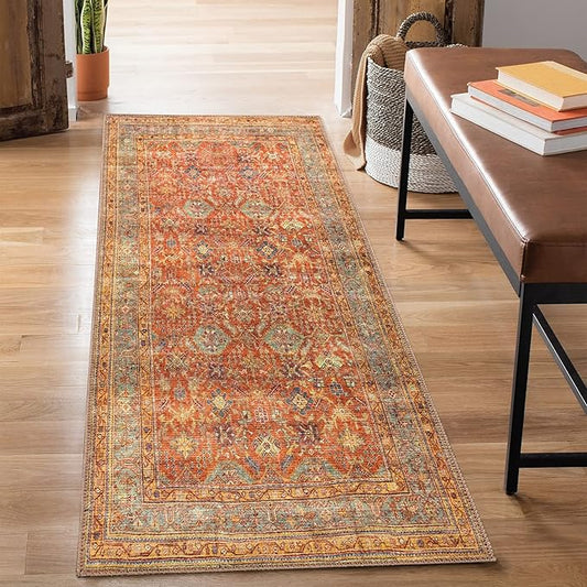 Bloom Rugs Washable Non-Slip 7 ft Runner - Terracotta/Mustard Traditional Runner for Entryway, Hallway, Bathroom, and Kitchen - Exact Size: 2.5' x 7'