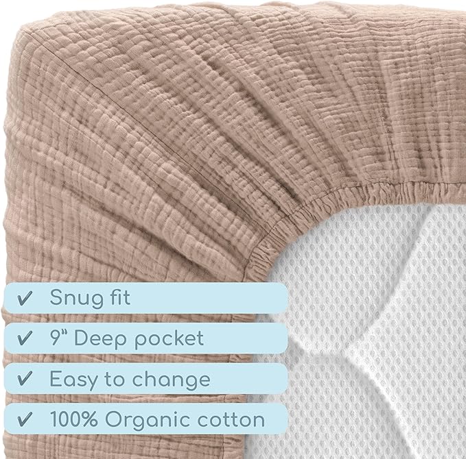 Muslin Crib Sheets, 100% Organic Cotton, Breathable and Ultra-Soft, Standard Crib Sheet Mattress (28"x 52") for Girls and Boys, Neutral Fitted Baby Crib Sheet (Tan)