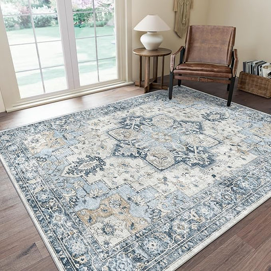 GENIMO 3x5 Area Rugs for Living Room, Machine Washable Rug, Non Slip Vintage Rugs, Low Pile Lightweight Chenille Print Rug for Bedroom, Dining Room, Home Office, Blue