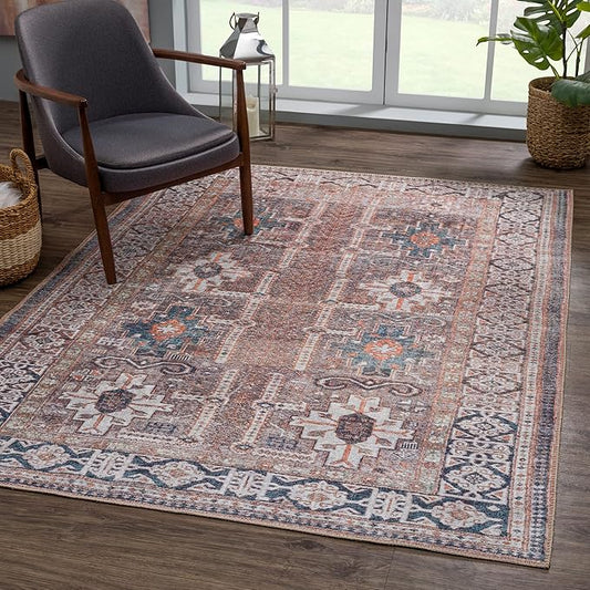 Bloom Rugs Washable 4' x 6' Rug - Brown/Blue/Orange Traditional Area Rug for Living Room, Bedroom, Dining Room, and Kitchen - Exact Size: 4' x 6'