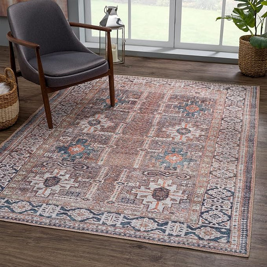 Bloom Rugs Washable 5' x 7' Rug - Brown/Blue/Orange Traditional Area Rug for Living Room, Bedroom, Dining Room, and Kitchen - Exact Size: 5' x 7'