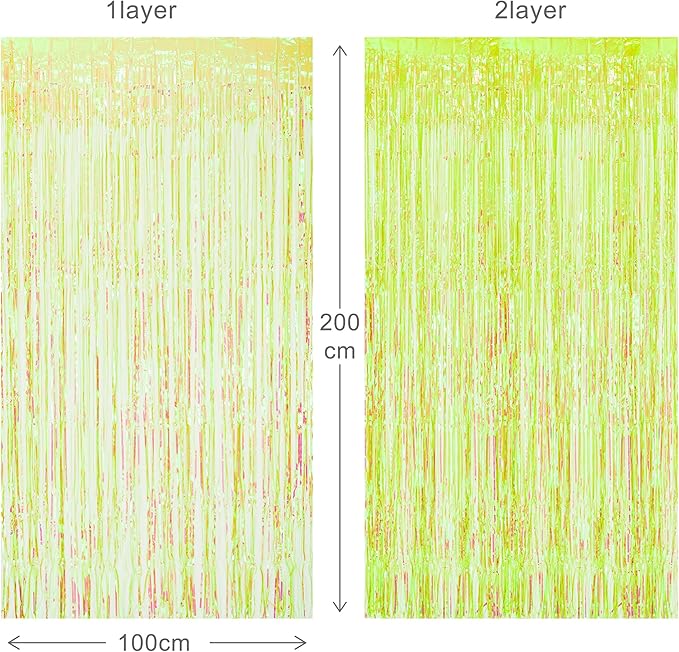 BRAVESHINE Iridescent Foil Fringe Backdrop - 2 Pack 3.2 x 6.5 ft Holographic Tinsel Curtain Party Streamers Photo Backdrop for Birthdays Dinosaur Theme Christmas Patricks Decorations - Clear Green