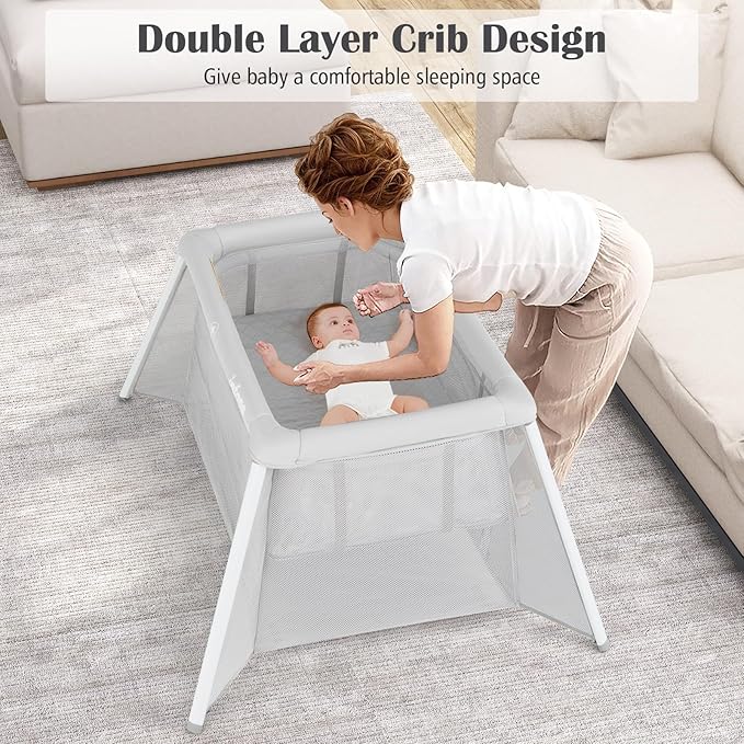 INFANS Travel Crib, Portable Baby Playpen with Removable Bassinet Soft Mattress Carry Bag, Foldable Lightweight Playard Nursery Center for Newborns Toddlers (Light Gray)