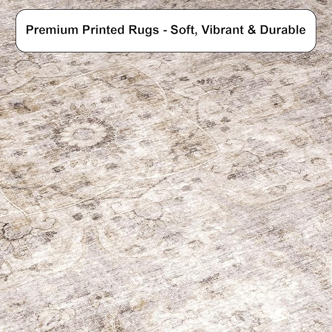 ReaLife Rugs Machine Washable Area Rug - Living Room Bedroom Bathroom Kitchen Entryway Office - Padded Low Pile Stain Resistant Premium - Boho Farmhouse Vintage - Joy - Beige Ivory 4' Round