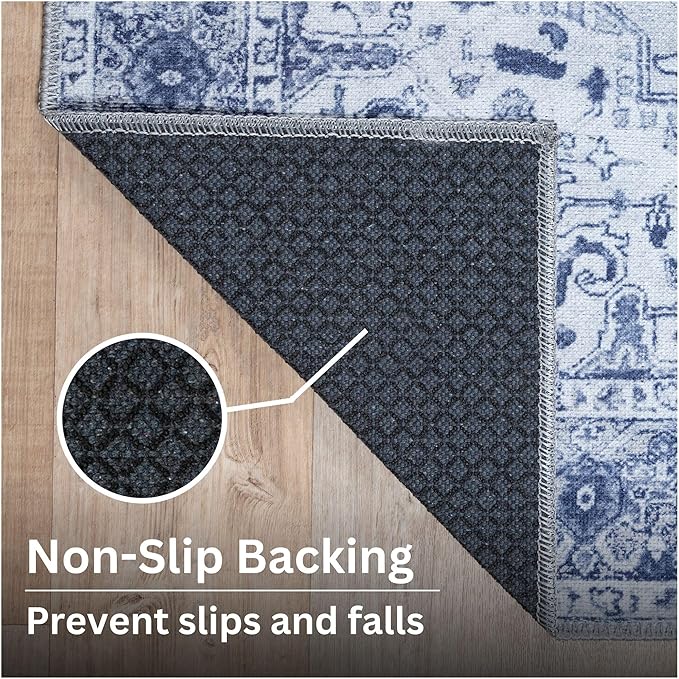 Bloom Rugs Washable Non-Slip 10 ft Runner - Gray/Blue Traditional Medallion Runner for Entryway, Hallway, Bathroom, and Kitchen - Exact Size: 2.5' x 10'