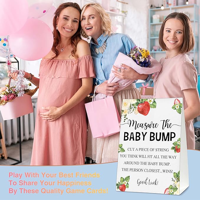 Measure the Baby Bump Baby Shower Game Set, 1 Standing Sign with 50 Guessing Cards, Strawberry Berry Gender Reveal Party Decorations Supplies - B34