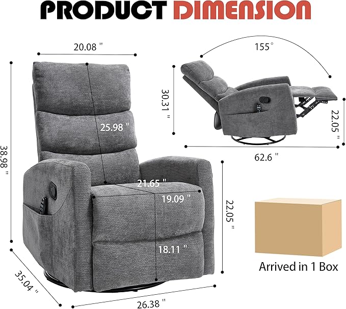 Manual Swivel Rocker Recliner Chair with Massage, Overstuffed Recliner Glider with Vibration Massage and Heat for Nursery, Living Room Reclining Sofa Chair, Fabric Dark Gray