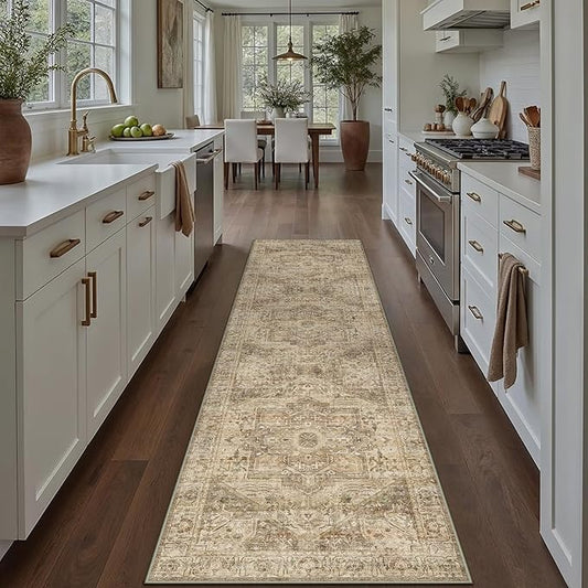 Brown Multi Hallway Runner Rug 2x10 Vintage Washable Distressed Area Carpet Kitchen Indoor Non Slip Long Traditional Medallion Retro Accent Throw Rug for Bedroom Laundry Dining Living Room