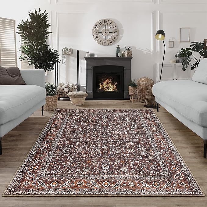Bloom Rugs Washable Non-Slip 9' x 12' Rug - Dark Brown/Orange Traditional Bordered Area Rug for Living Room, Bedroom, Dining Room, and Kitchen - Exact Size: 9' x 12'