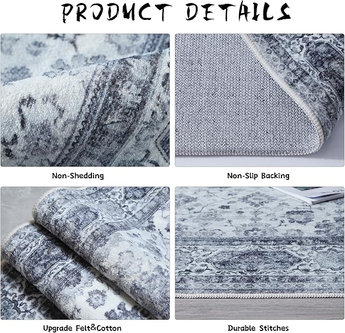 Runner Rug 2'x6' Hallway Washable Boho Soft Area Rug Non-Slip Non-Shedding Faux Wool Vintage for Kitchen, Entryway, Laundry, Bedroom, Indoor (Grey and White)
