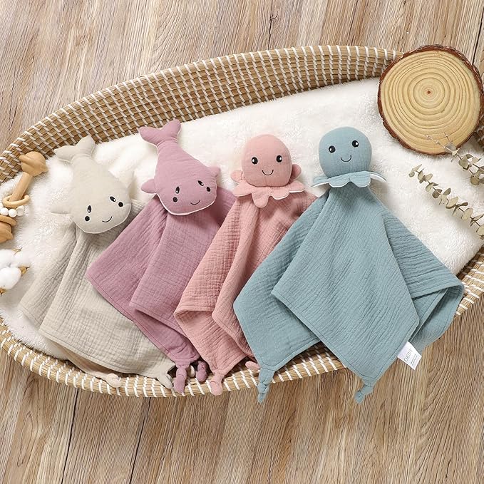 Organic Cotton Muslin Loveys for Babies,Security Blankets for Baby Lovey,Unisex Baby Essentials Neutral,Baby Registry Search,Newborn Baby Gifts for Boys and Girls (Octopus Pink)