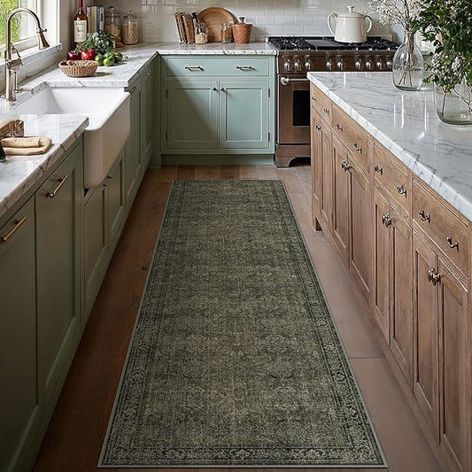 Vintage Runner Rug 2x8 Washable Hallway Carpet Non Slip Long Olive Brown Bedroom Low Pile Kitchen Distressed Retro Accent Throw Rug for Bathroom Dining Laundry Living Room
