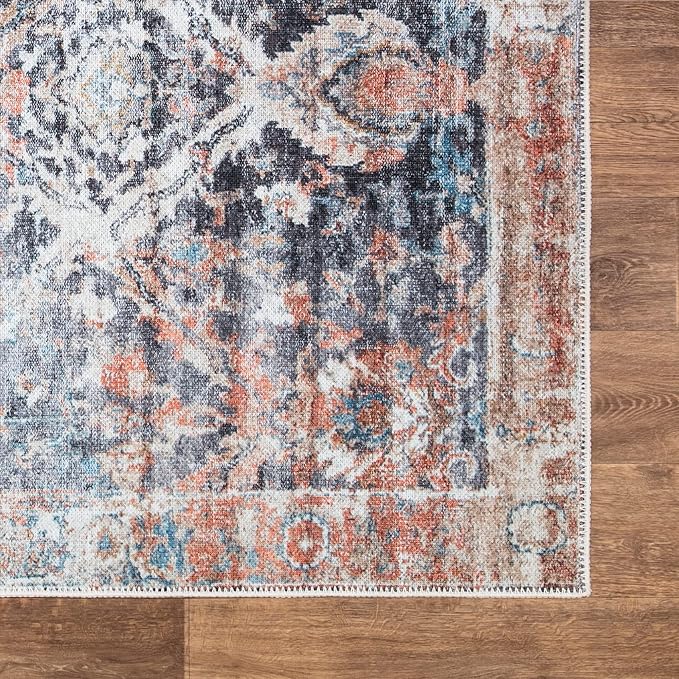 Bloom Rugs Washable Non-Slip 7 ft Runner - Orange/Black Traditional Runner for Entryway, Hallway, Bathroom, and Kitchen - Exact Size: 2.5' x 7'