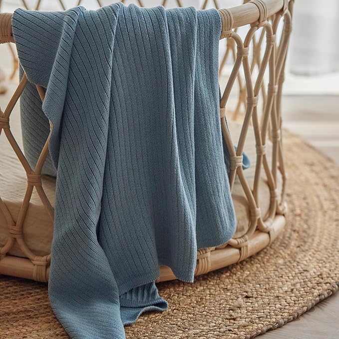 Knitted Organic Cotton Baby Blanket- Swaddle Blanket, 30" x 40" Soft Receiving Blanket for Newborn 2-Pack (Fog and Polar Blue)