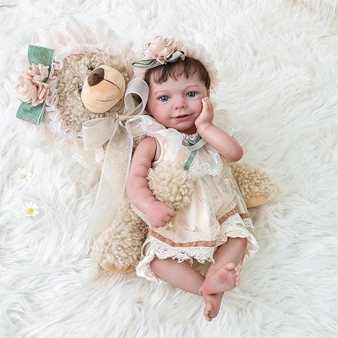 20-Inch Lifelike Reborn Baby Doll, Realistic Baby Doll with Cute Skirts, Poseable Smiling Full-Body Vinyl Baby Dolls for 3+ Years Old Kids Name Rosalie (Champagne (Open Eyes))