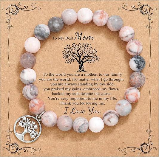 QWNHONEY Mothers Day Gift for Grandma Mom Mother in Law Sister in Law Bonus mom Granny Nana Valentine's Day Birthday Anniversary Pink Red Natural Stone Tree of Life Bracelet