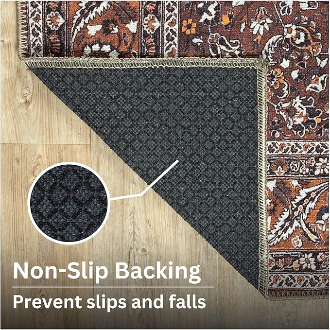 Bloom Rugs Washable Non-Slip 9' x 12' Rug - Dark Brown/Orange Traditional Bordered Area Rug for Living Room, Bedroom, Dining Room, and Kitchen - Exact Size: 9' x 12'
