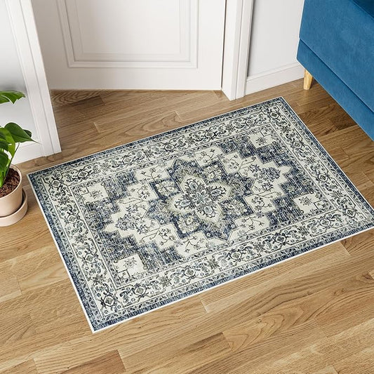 Dripex Vintage Collection Washable Area Rug - 2x3 Door Mat Small Entryway Rug Distressed Non-Slip Low-Pile Floor Carpet for Indoor Front Entrance Kitchen Bathroom Living Room Bedroom