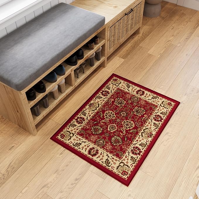 Ottomanson Rugs for Entryway 2'3" x 3' Non Slip Oriental Small Area Rugs Durable Front Door Mat Rug Stain Resistant Entrance Rugs for Bathroom Kitchen Bedroom & Living Room, Red