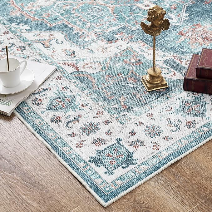 jinchan Area Rug 4x6 Washable Vintage Rug Floor Cover Traditional Thin Blue Multi Distressed Floral Print Indoor Mat for Bedroom Living Room Kitchen Dining Room