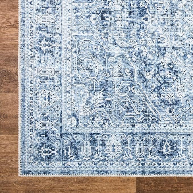 Bloom Rugs Washable Non-Slip 7 ft Runner - Ivory/Denim Blue Traditional Medallion Runner for Entryway, Hallway, Bathroom, and Kitchen - Exact Size: 2.5' x 7'