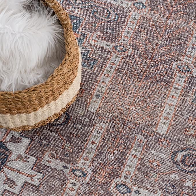 Bloom Rugs Washable 10 ft Runner - Brown/Blue/Orange Traditional Runner for Entryway, Hallway, Bathroom, and Kitchen - Exact Size: 2.5' x 10'