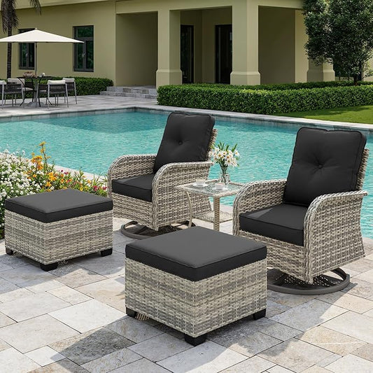 5-Piece Small Patio Furniture Set, Outdoor Swivel Rocking Chairs Set with Ottomans, Patio Bistro Set for Balcony, Deck, Porch, Black
