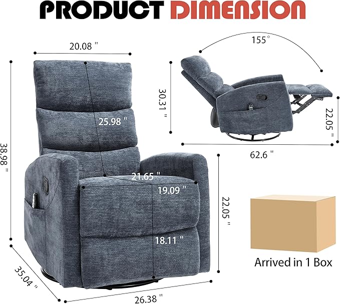Manual Swivel Rocker Recliner Chair with Massage, Overstuffed Recliner Glider with Vibration Massage and Heat for Nursery, Living Room Reclining Sofa Chair, Fabric Blue