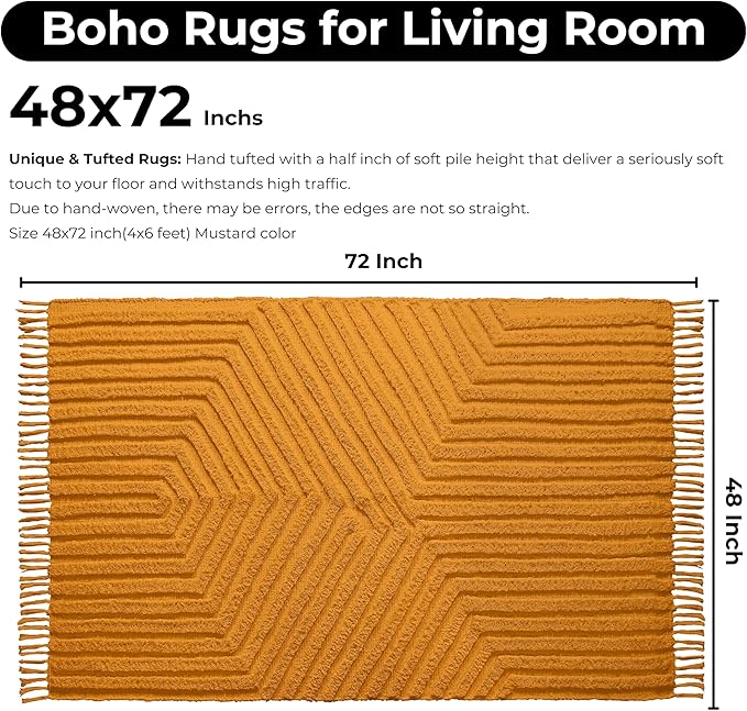 Boho Rugs for Living Room 4x6, Farmhouse Cotton Area Rug for Bedroom, Washable Tufted Indoor Floor Carpet for Kitchen Dorm Office Dining Room Office Home Decor, Mustard