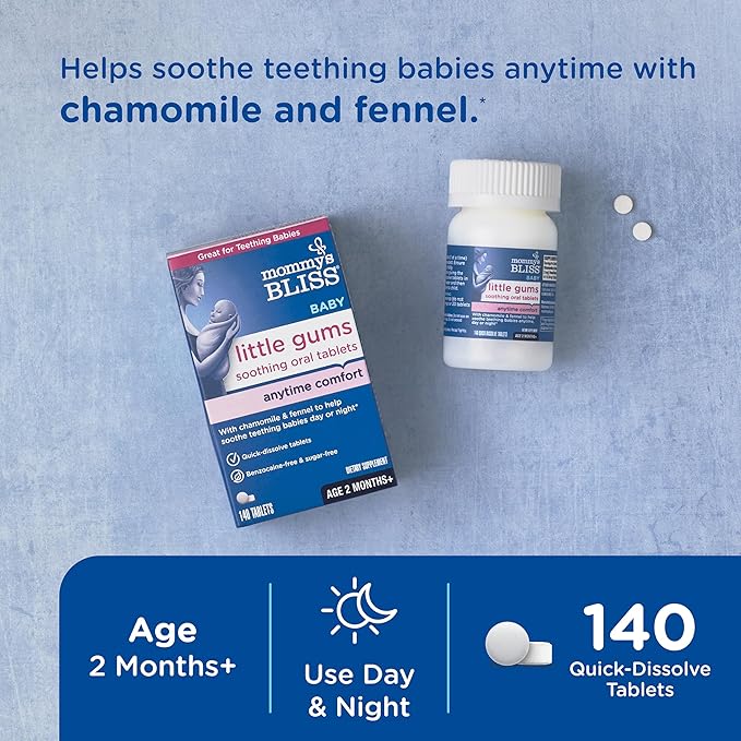 Mommy's Bliss Little Gums Soothing Oral Tablets, Great for Teething Babies, Benzocaine-Free & Sugar-Free, 2 Months+, 1 Bottle (140 Tablets)