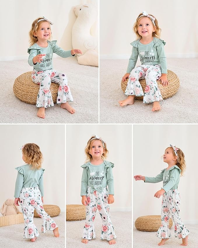 Newborn Baby Girl Clothes Infant Outfits Clothing Ruffle Romper Bell Bottoms Flared Pants Outfit Sets for Baby Girls