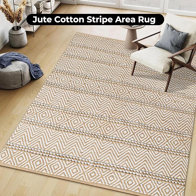 Natural Jute Cotton Area Rug 5x7 FT - Machine Washable, Neutral Ivory, Durable Eco-Friendly Farmhouse Living Room Bedroom Carpet - 70% Jute 30% Cotton Textured Stripe Entryway Rug
