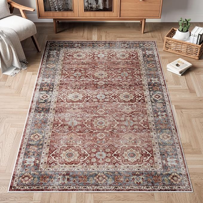 Dripex Vintage Washable Area Rug - 4x6 Distressed Rugs for Living Room Bedroom Oriental Medallion Floral Print Carpet Low-Pile Indoor Soft Non-Slip Accent Rug Farmhouse Office Home Decor