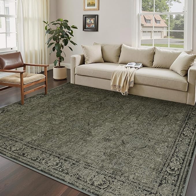 Vintage Area Rug 5x7 Washable Olive Brown Living Room Carpet Large Indoor Non Slip Bedroom Low Pile Kitchen Distressed Retro Accent Throw Rug for Dining Room