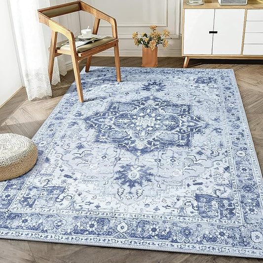 Bloom Rugs Washable Non-Slip 6' x 9' Rug - Gray/Blue Traditional Medallion Area Rug for Living Room, Bedroom, Dining Room, and Kitchen - Exact Size: 6' x 9'
