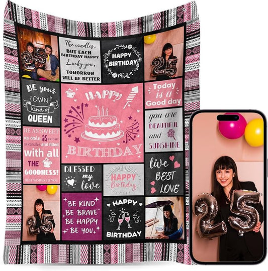 Birthday Gifts for Women Girls Custom Personalized Blanket Thow with Photo, Customized Pictures Blankets Gift for Her Friend Mum Sister Grandma Wife(Birthday Grid)