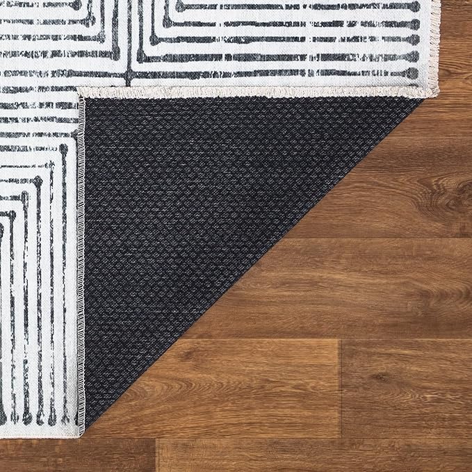 Bloom Rugs Caria Washable Non-Slip 10 ft Runner - Ivory/Black Striped Runner for Entryway, Hallway, Bathroom, and Kitchen - Exact Size: 2'6" x 10'