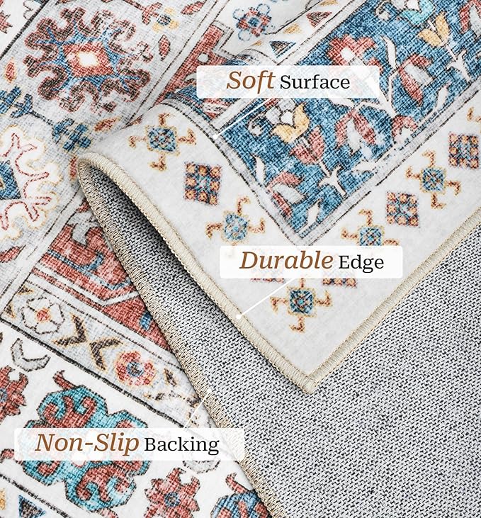 zesthome 8x10 Area Rugs for Living Room,Non-Slip Backing Washable Rugs,Vintage Large Area Rug，Stain Resistant Home Decor Rug (Navy Blue/Red,8'x10')