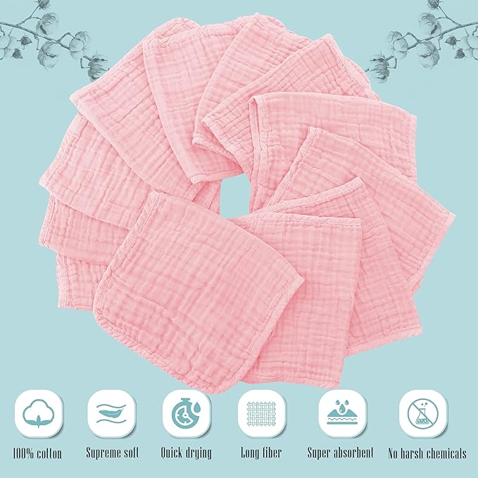 24 Pack Muslin Burp Cloths for Baby - Ultra-Soft 100% Cotton Baby Washcloths - Large 20'' by 10'' Super Absorbent Milk Spit Up Rags - Burpy Cloths for Unisex, Boy, Girl - Pink