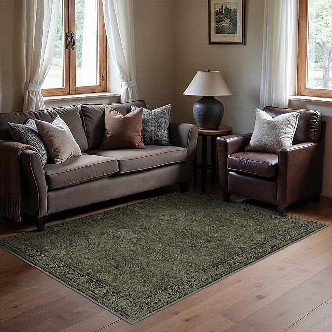 Vintage Area Rug 5x7 Washable Olive Brown Living Room Carpet Large Indoor Non Slip Bedroom Low Pile Kitchen Distressed Retro Accent Throw Rug for Dining Room