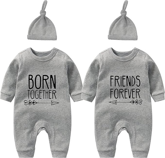 YSCULBUTOL Baby Twins Bodysuit Born Together Friends Forever Newborn Clothes Unisex Twin Outfits With Hat