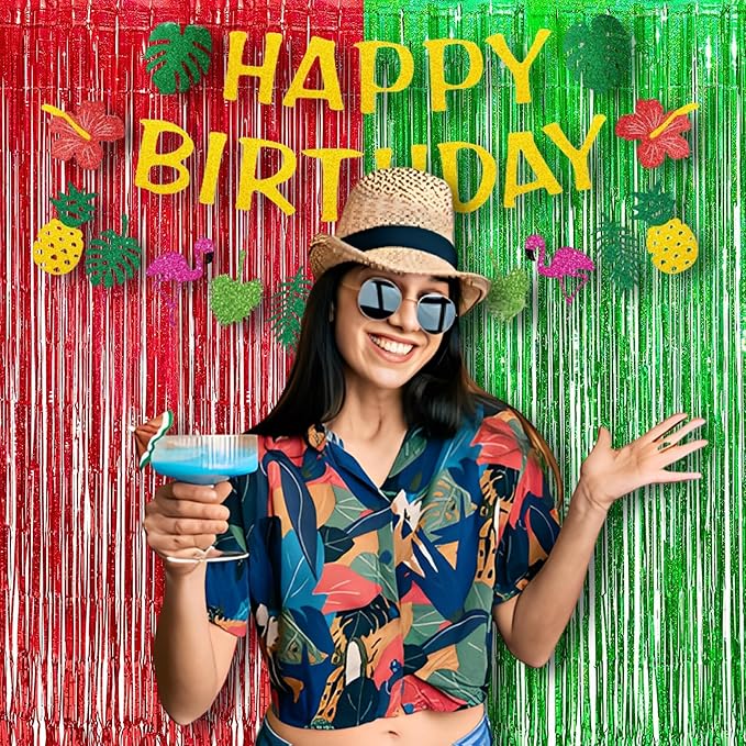 BRAVESHINE Tinsel Foil Fringe Curtains - 2 Pack 3.2 x 8.2 ft Metallic Photo Booth Streamer Backdrops for Birthdays Fiestas Melons Hawaiian Luau Tropical-Theme Christmas Party Decorations - Red Green