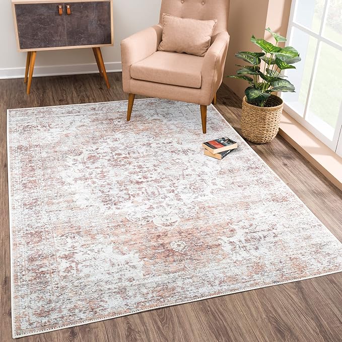 Bloom Rugs Washable Non-Slip 6' x 9' Rug - Ivory/Blush Traditional Area Rug for Living Room, Bedroom, Dining Room, and Kitchen - Exact Size: 6' x 9'