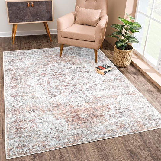 Bloom Rugs Washable Non-Slip 6' x 9' Rug - Ivory/Blush Traditional Area Rug for Living Room, Bedroom, Dining Room, and Kitchen - Exact Size: 6' x 9'