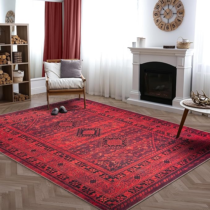 Bloom Rugs Washable Non-Slip 10x14 Rug - Red Traditional Bordered Area Rug for Living Room, Bedroom, Dining Room, and Kitchen - Exact Size: 10' x 14'