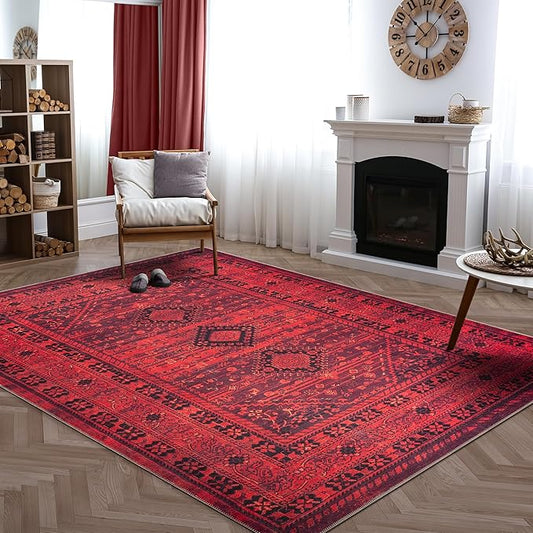 Bloom Rugs Washable Non-Slip 10x14 Rug - Red Traditional Bordered Area Rug for Living Room, Bedroom, Dining Room, and Kitchen - Exact Size: 10' x 14'