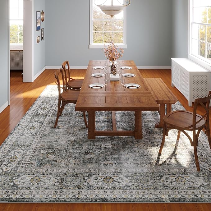 8x10 Rug Washable Boho Rug Soft Large Area Rug Non-Slip Non-Shedding Faux Wool Vintage Rug for Living Room, Farmhouse, Dining Room, Indoor, Kids Playroom (Grey)