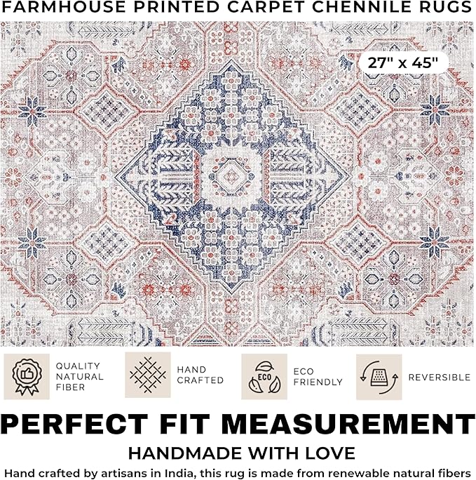 Washable Soft Small Boho Area Rugs,Rags Rug, Printed Carpet Chennile Rugs for Living Room 27x45 inch Beige Grey Multi,Machine Washable Printed Rugs - 30% Cotton, 70% Polyester